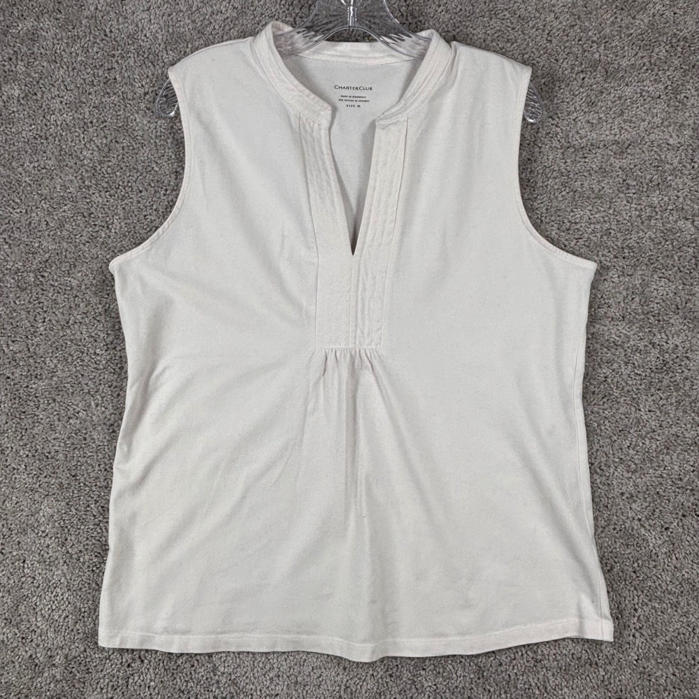 Charter Club Womens XL Off White Sleeveless Split V-Neck Pleated Blouse (READ)